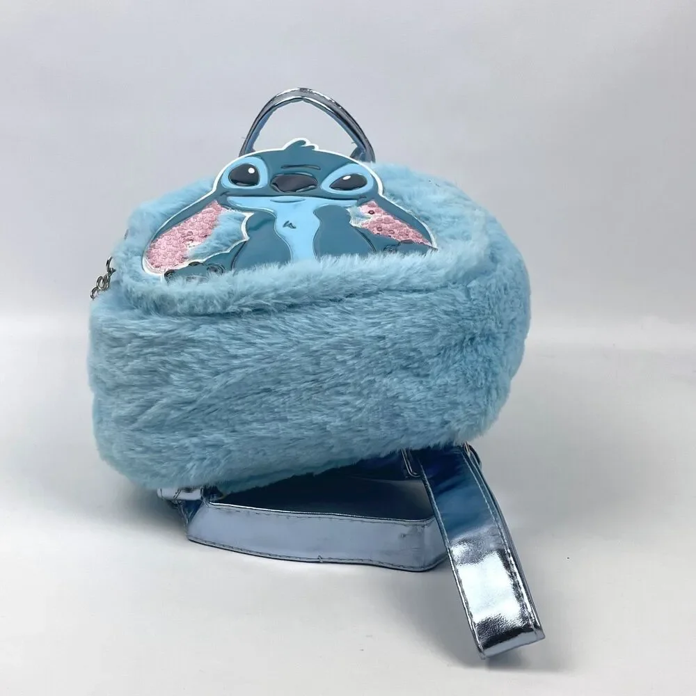 Disney Lilo & Stitch Faux Fur Mini Backpack Blue Fuzzy Sequin Bag EUC